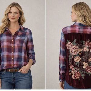 Johnny Was Plaid Button-Down Shirt Velvet Back Floral Embroidery Burgundy Boho